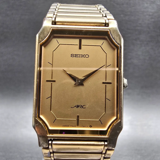 Seiko Arc Tank Watch Men 22mm Gold Dial Gold Tone Rectangle 7320-6460 New Batt0