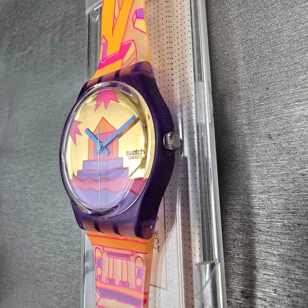 Swatch Rara Avis Watch Men 34mm Gold Dial Purple Case GV103 New Battery NOS4