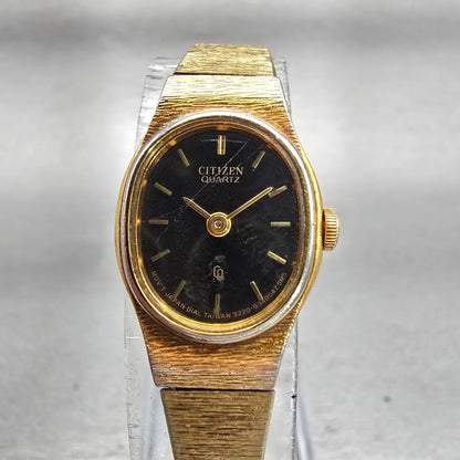 Citizen CQ Watch Women 16mm Black Dial Gold Tone Oval 3220-S09168 New Battery0