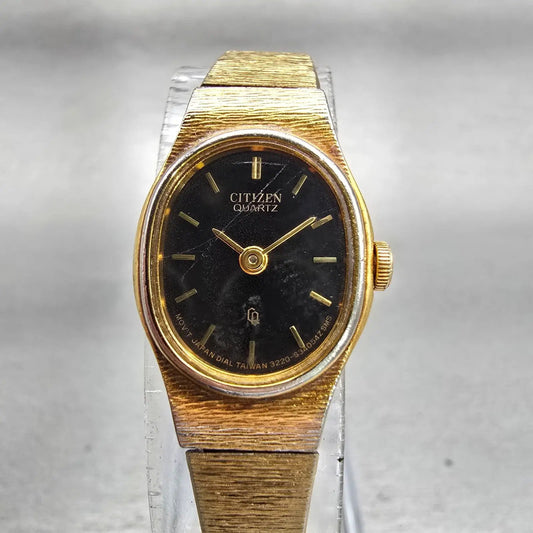 Citizen CQ Watch Women 16mm Black Dial Gold Tone Oval 3220-S09168 New Battery0