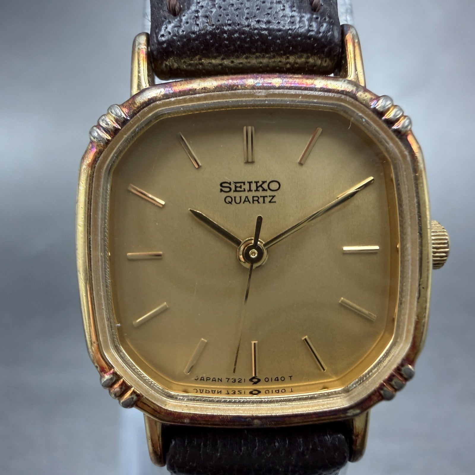 Seiko Watch Women 20mm Champagne Dial Gold Tone Square 7321-5070 New Battery 411