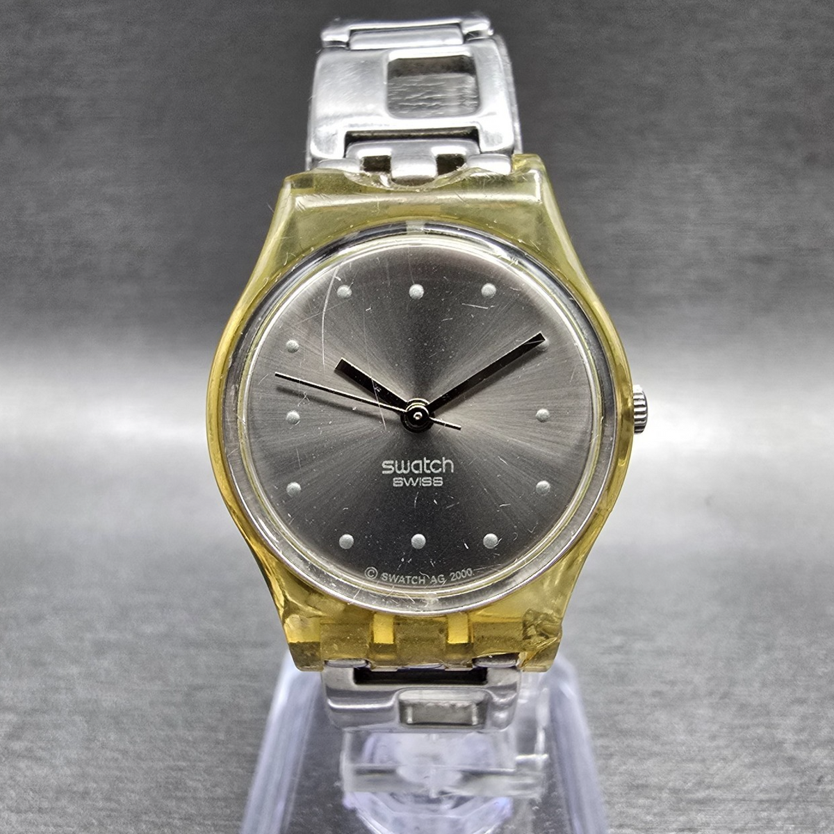 Swatch Silver Cobbles Watch Women 25mm Silver Dial Clear Case LM119 New Battery0
