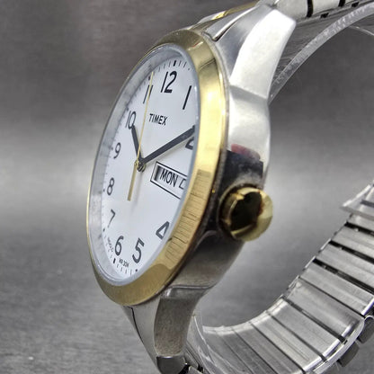Timex Easy Reader Watch Men 36mm White Dial Two Tone Daydate Round New Battery X2