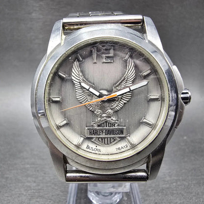 Bulova Harley Davidson Watch Men 40mm Silver Dial Silver Tone 76A12 New Battery0