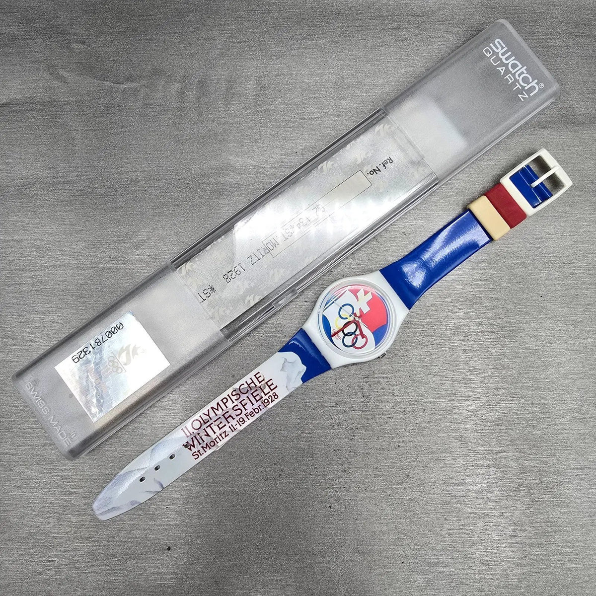 Swatch St. Moritz 1928 Watch Men 34mm Blue Dial White Case GZ134 New Battery NOS14