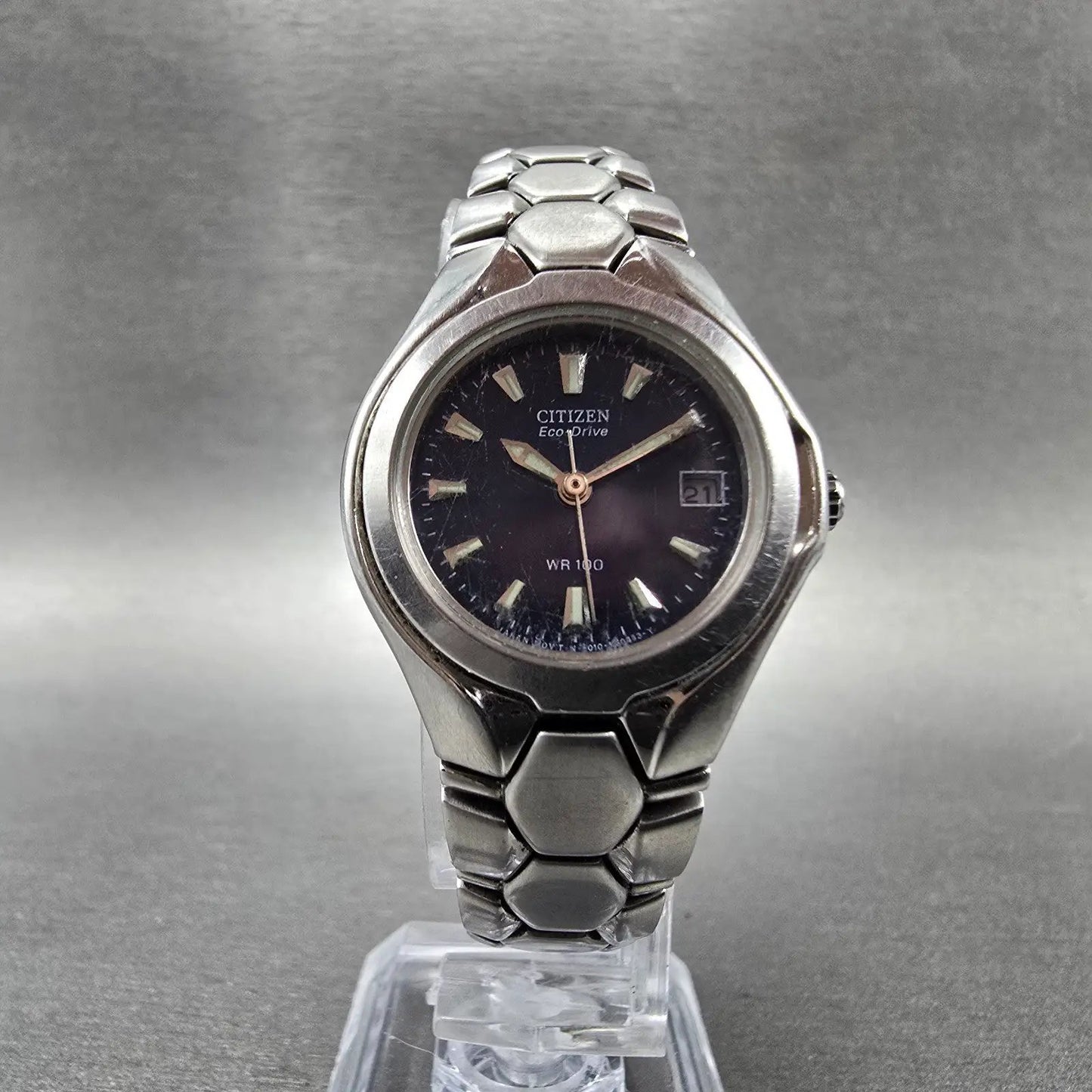 Citizen Eco-Drive Watch Women 27mm Blue Dial Silver Tone Date E010-K16393 Runs5