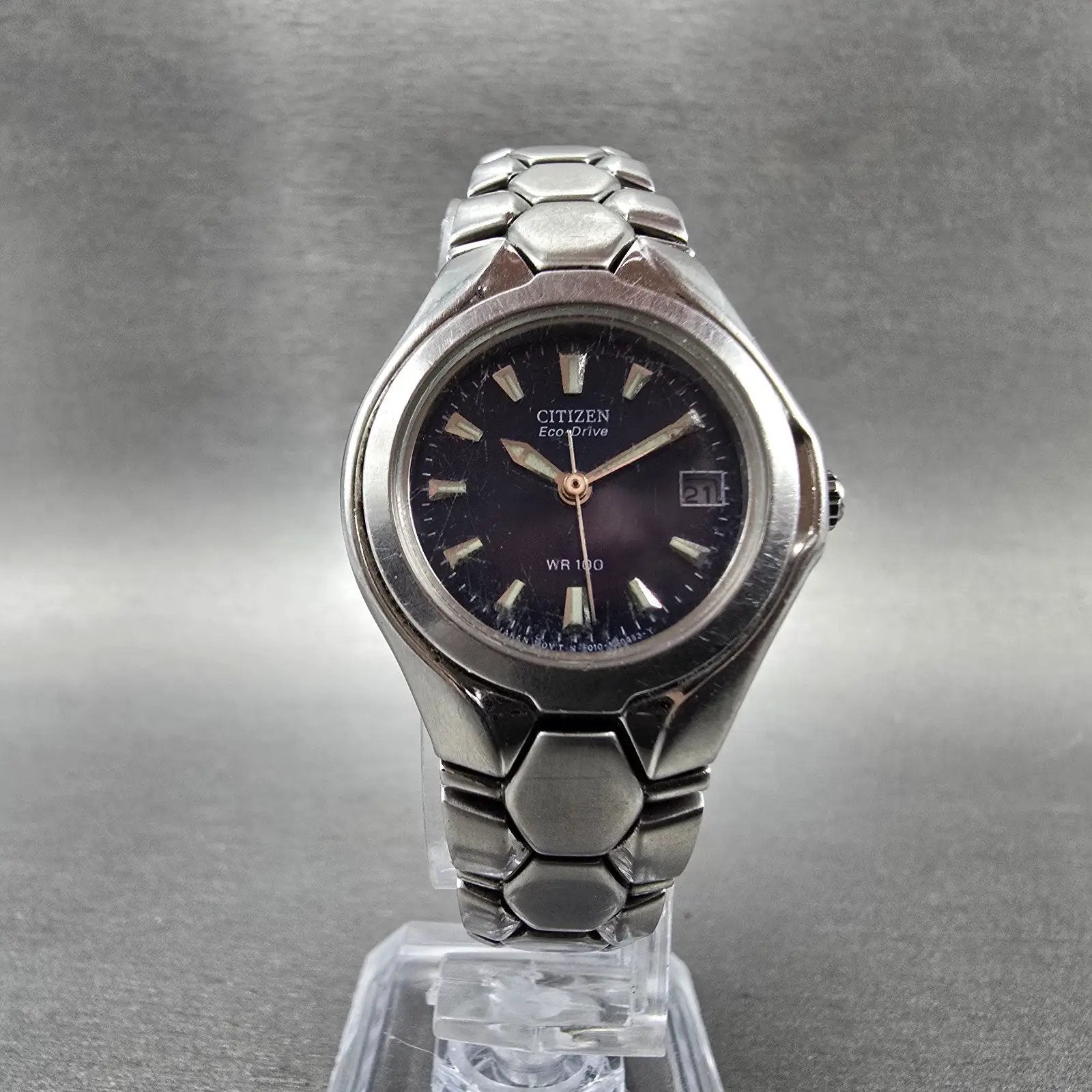 Citizen Eco-Drive Watch Women 27mm Blue Dial Silver Tone Date E010-K16393 Runs5