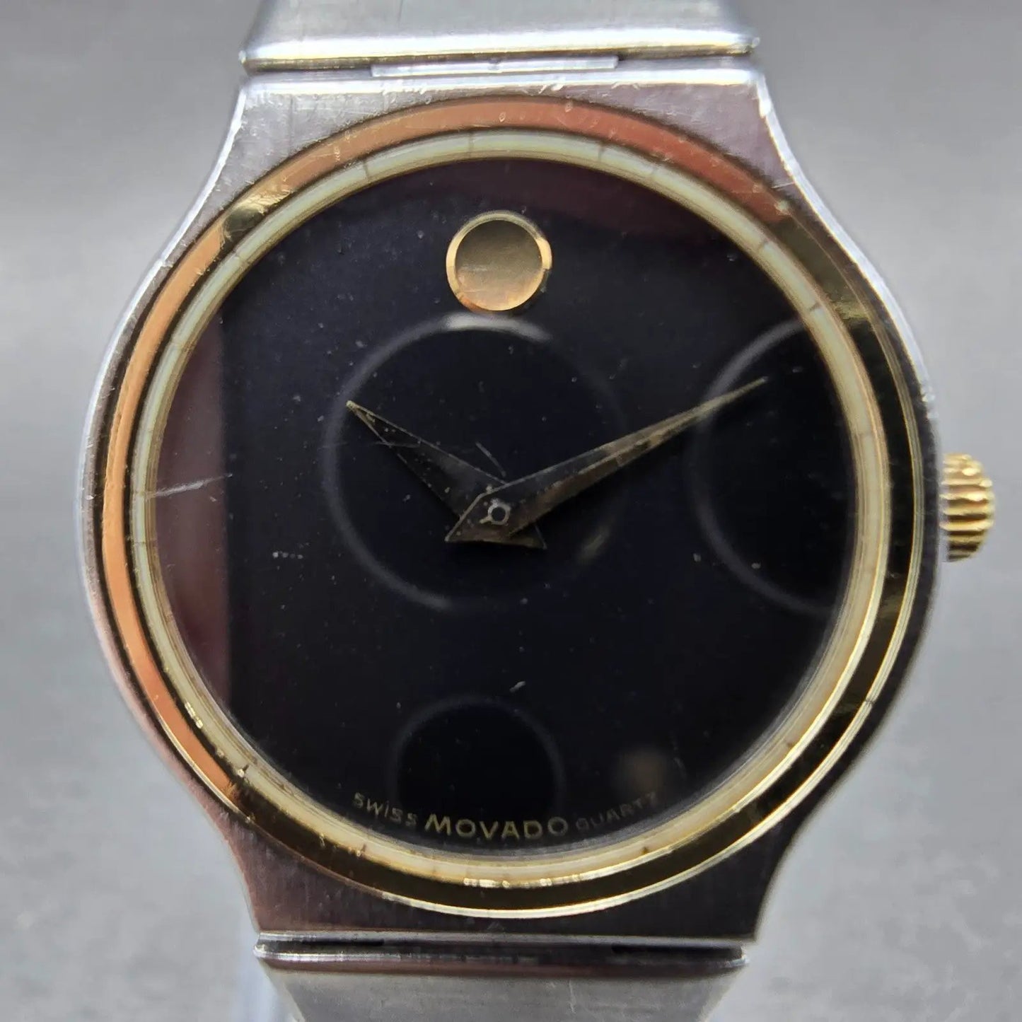 Movado Watch Women 23mm Black Dial Two Tone Round 85-40-881 New Battery Vintage1