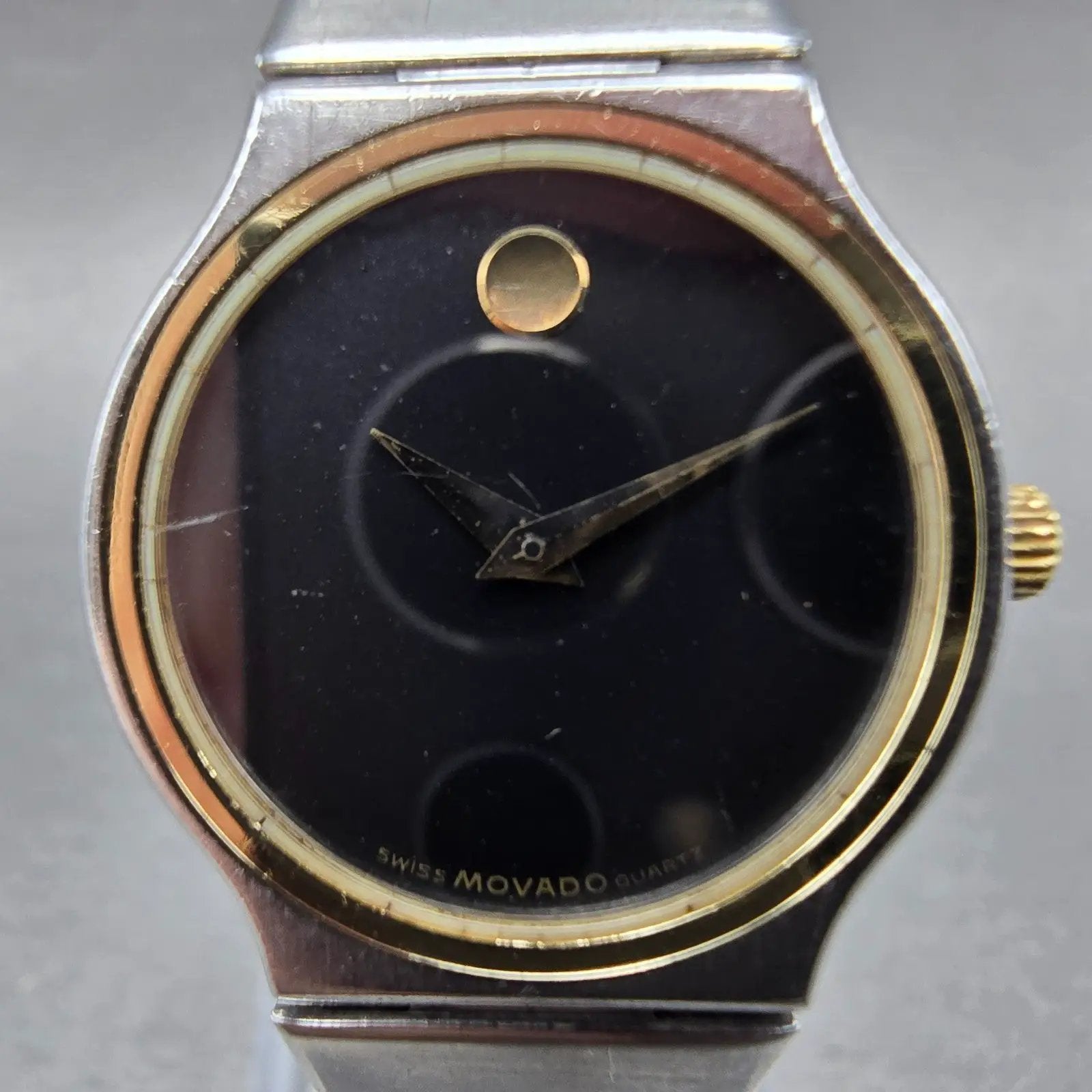 Movado Watch Women 23mm Black Dial Two Tone Round 85-40-881 New Battery Vintage1