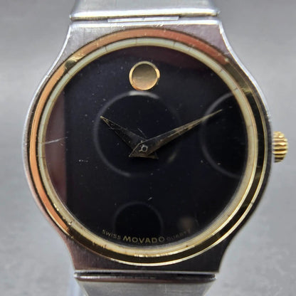 Movado Watch Women 23mm Black Dial Two Tone Round 85-40-881 New Battery Vintage1