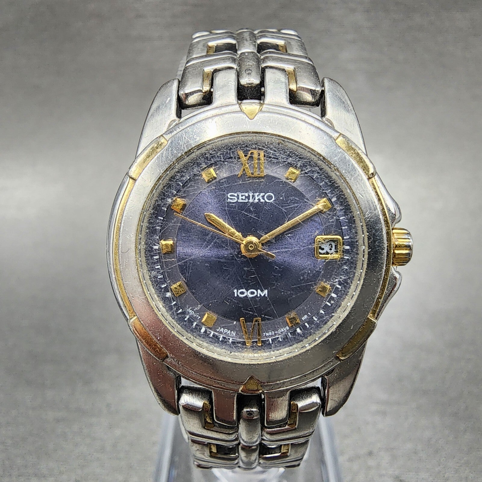 Seiko Watch Women 26mm Blue Dial Two Tone Date Round 7N820AM0 New Battery0