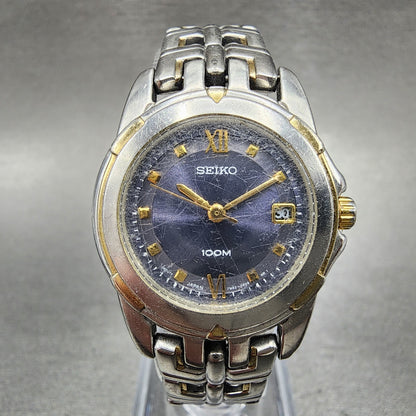 Seiko Watch Women 26mm Blue Dial Two Tone Date Round 7N820AM0 New Battery0