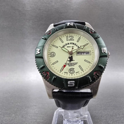 Field & Stream Watch Men 39mm Luminous Dial Silver Tone Daydate Round New Batt5