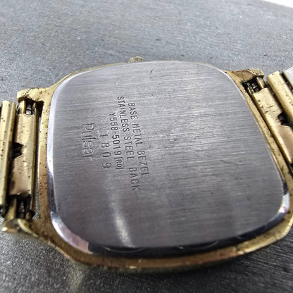 Seiko Pulsar Watch Men 33mm White Dial Gold Tone Date Y558-5019 Octagon PARTS10