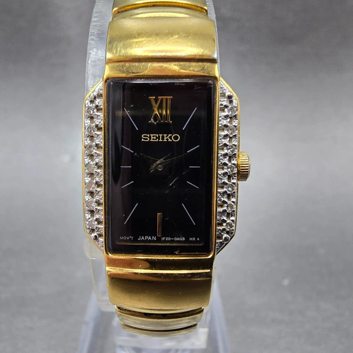 Seiko Tank Watch Women 15mm Black Dial Gold Diamond Bezel Rectangle  New Battery1