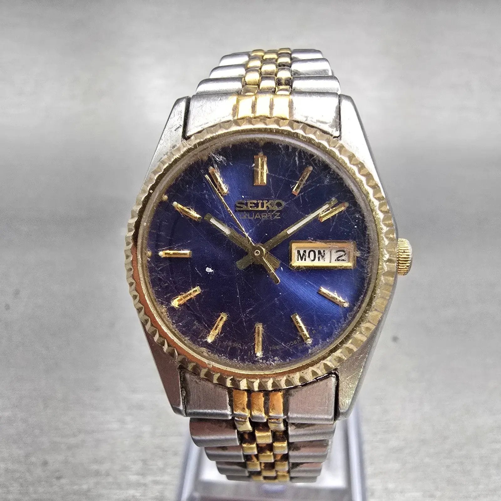 Seiko Watch Women 24mm Blue Dial Two Tone Daydate Round 7N83-0049 New Battery0