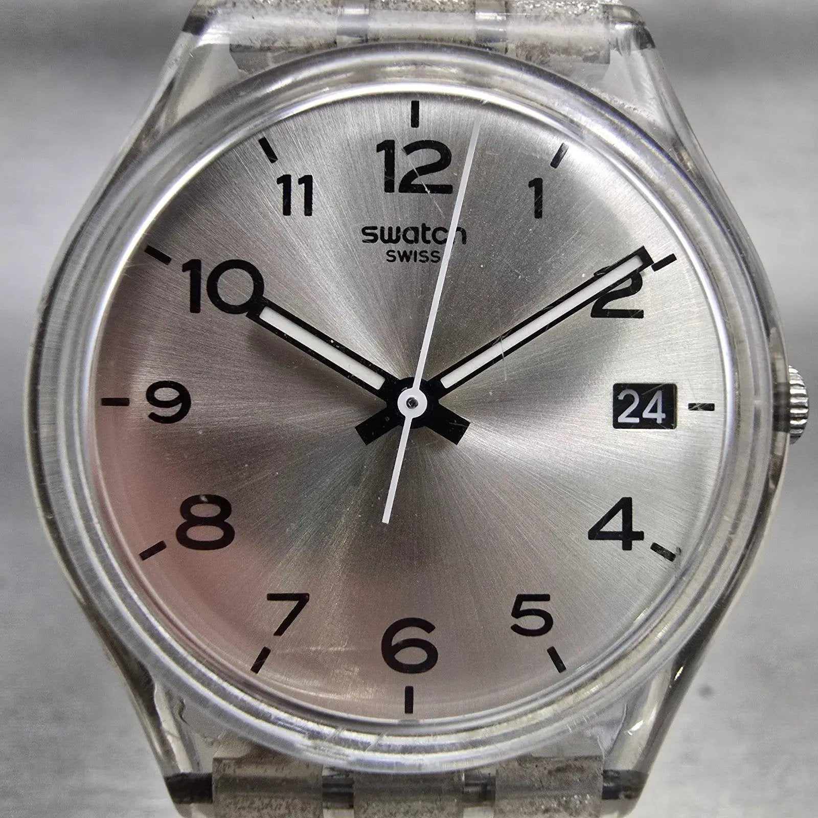 Swatch SILVERBLUSH Watch Men Silver Dial Clear Case Date GM416C New Battery G1