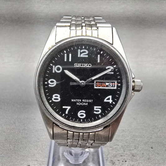 Seiko Watch Men 35mm Black Dial Silver Tone Daydate Round 7N43-8329 New BatteryP0