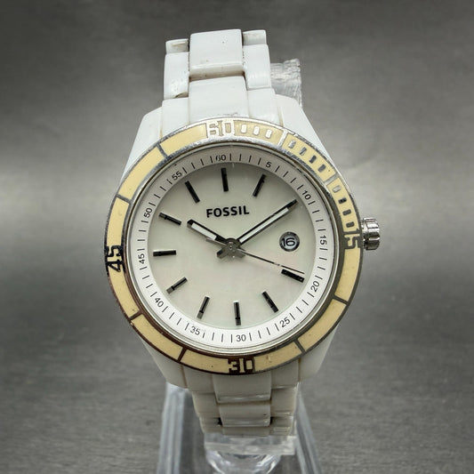 Fossil Stella Watch Women 31mm MOP Dial White Plastic Date Round ES-2544 NewBatt0