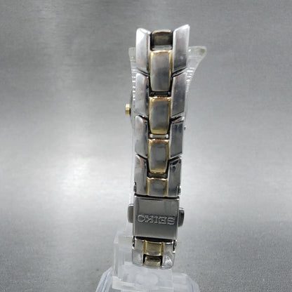 Seiko Solar Watch Women 18mm White Dial Two Tone Rectangle V115-0AA0 Works