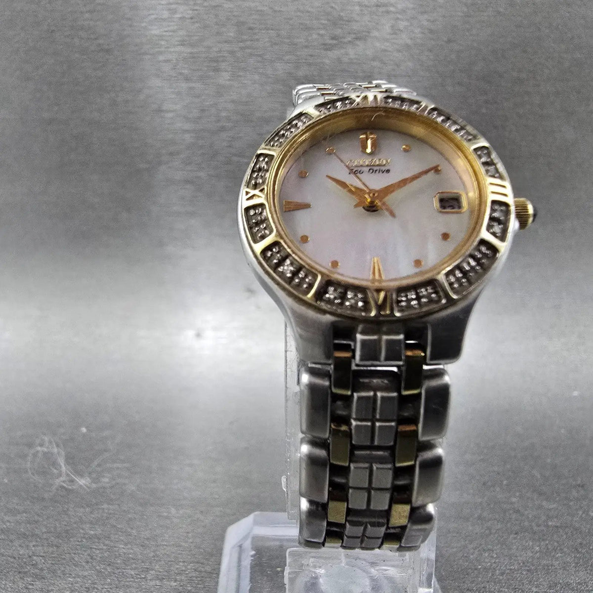 Citizen Eco-Drive Lucca Watch Women 25mm MOP Dial Two Tone Date Diamonds Runs JP5