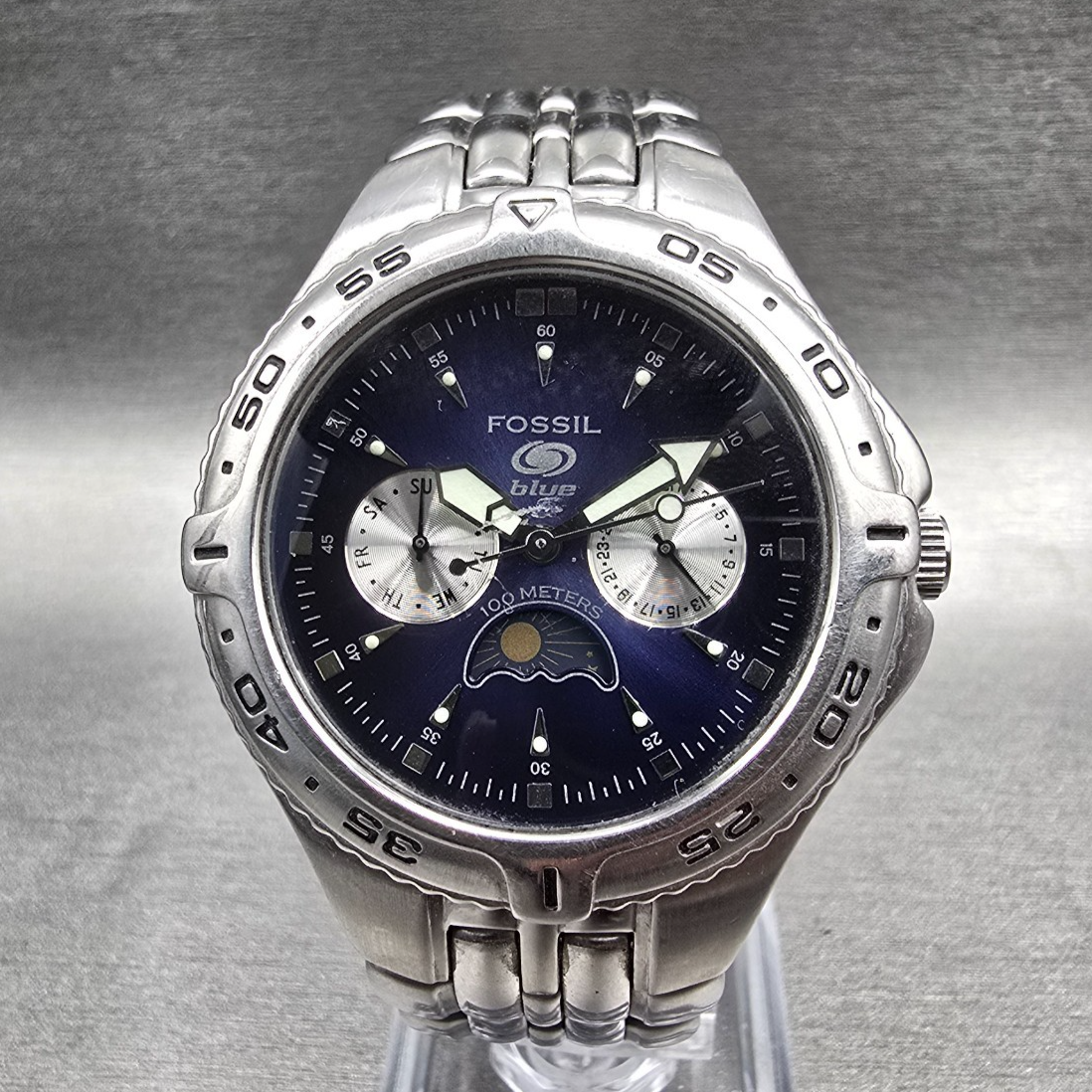 Fossil Watch Men 40mm Blue Dial Silver Sun & Moon Daydate Round BQ-9138 New Batt0