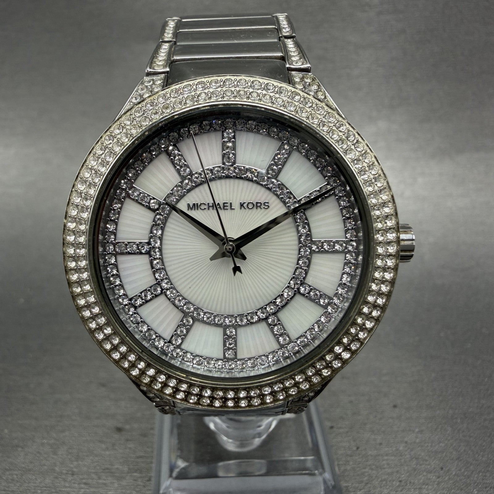 Michael Kors Kerry Watch Women 37mm MOP Dial Silver Tone Crystal Accent New Batt0