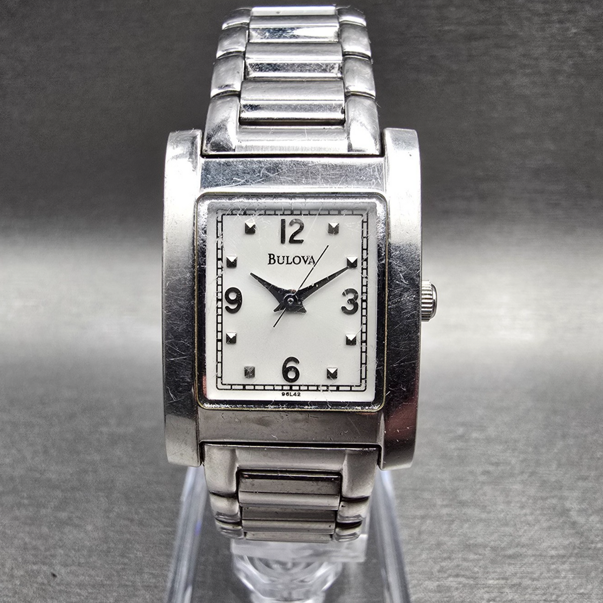 Bulova Tank Watch Women 21mm White Dial Silver Rectangle 96L42 New Battery0