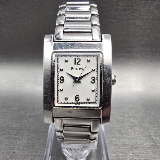 Bulova Tank Watch Women 21mm White Dial Silver Rectangle 96L42 New Battery0