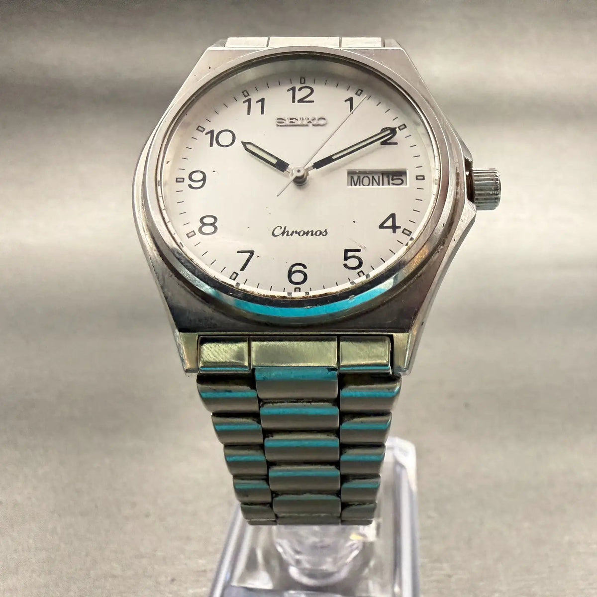 Seiko Chronos Watch Men 35mm Silver Dial Silver Daydate Round 5H23-7060 New Batt5
