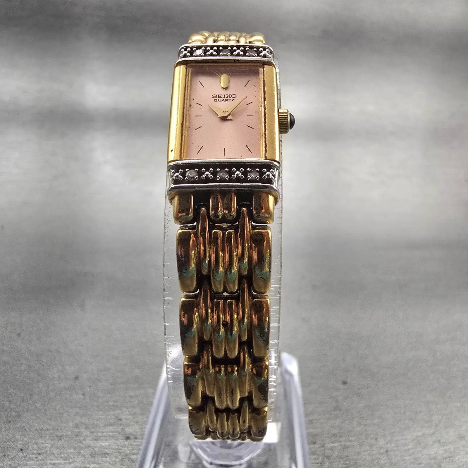 Seiko Watch Women 13mm Pink Dial Gold Tone Diamonds Rectangle 2E20-7191 New Batt5