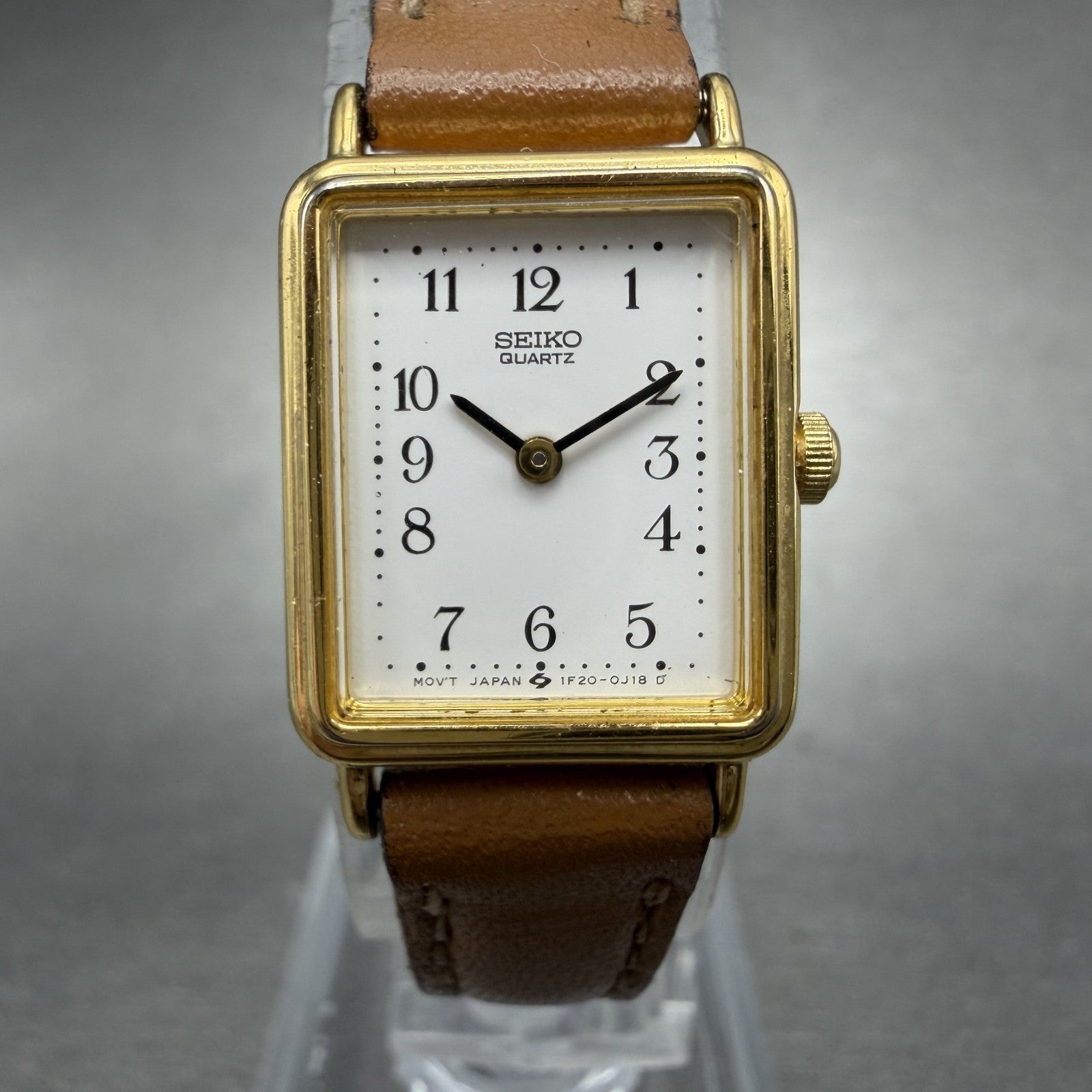 Seiko Tank Watch Women 17mm White Dial Gold Tone Rectangle 1F20-5D40 New Battery0