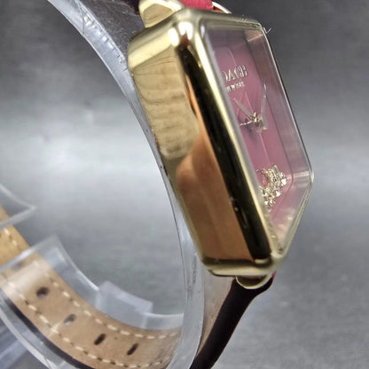Coach Watch Women 22mm Red Dial Gold Tone Square 14504226 Leather New Battery3