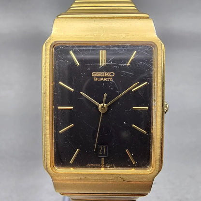 Seiko Tank Watch Men 26mm Black Dial Gold Tone Date Rectangle 5Y32-5129 New Batt1