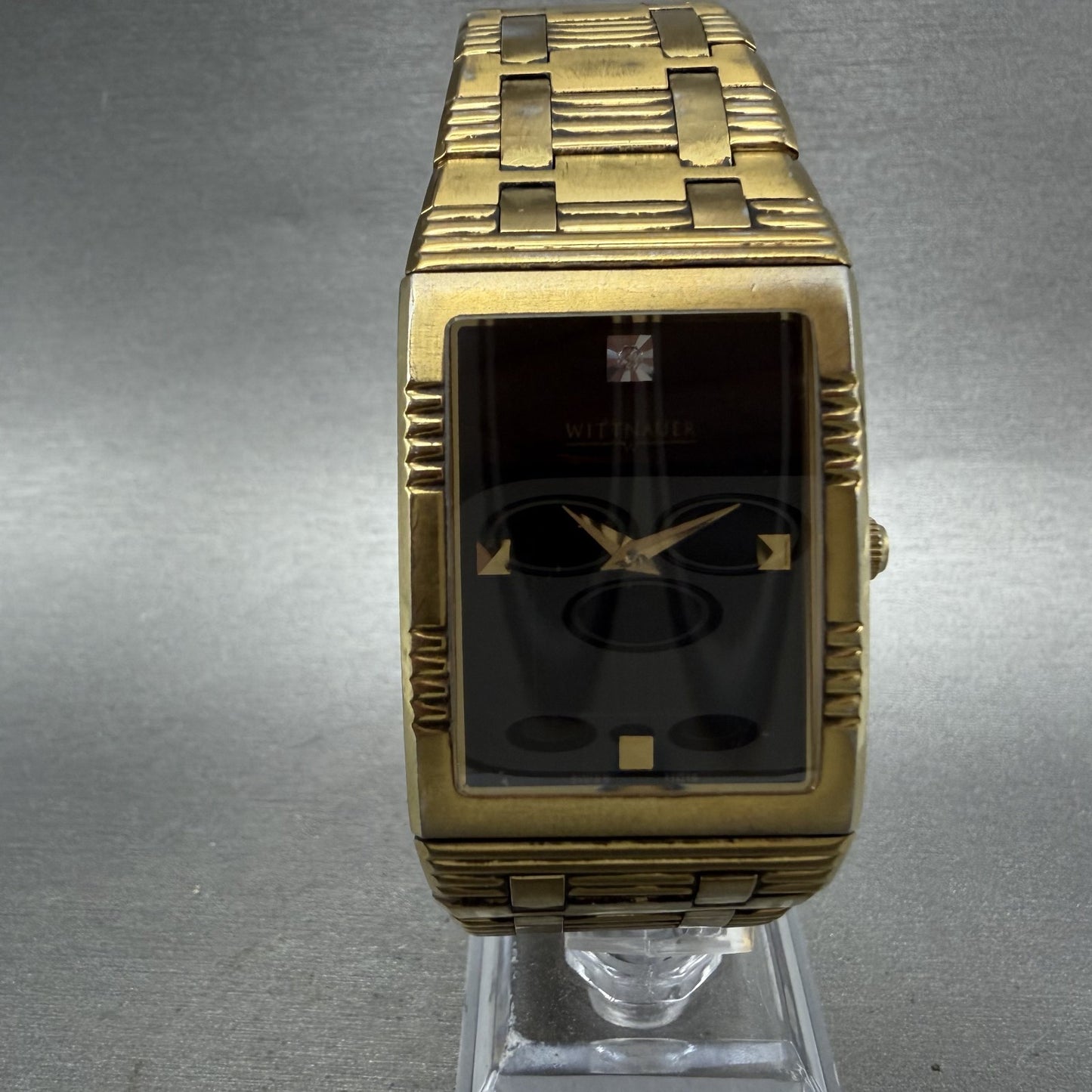 Wittnauer  Tank Watch Men 28mm Black Dial Gold Tone Rectangle 11D16 New Battery0