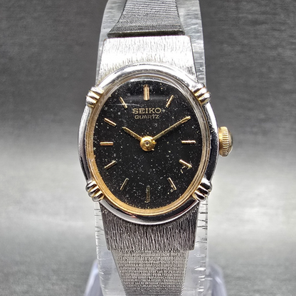 Seiko Watch Women 17mm Black Dial Two Tone Oval 5420-5159 New Battery Vintage0