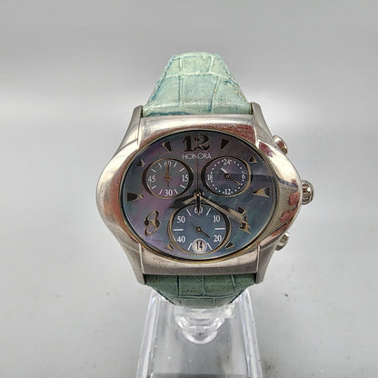 Honora Chronograph Watch Women 39mm MOP Dial Silver Tone Date Oval New Battery