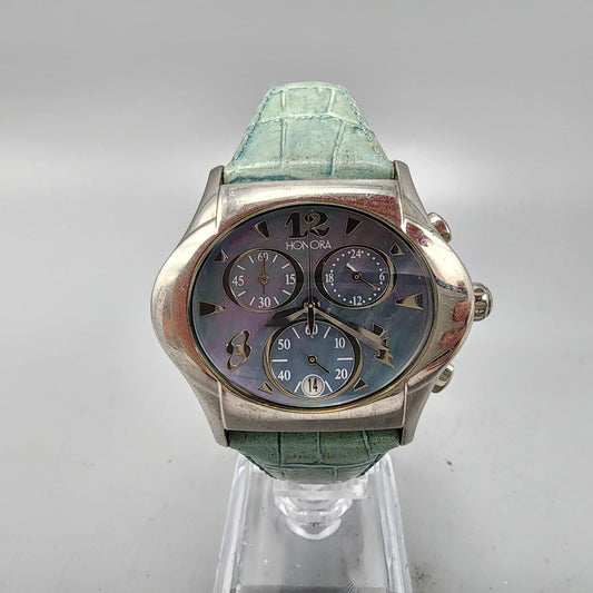 Honora Chronograph Watch Women 39mm MOP Dial Silver Tone Date Oval New Battery