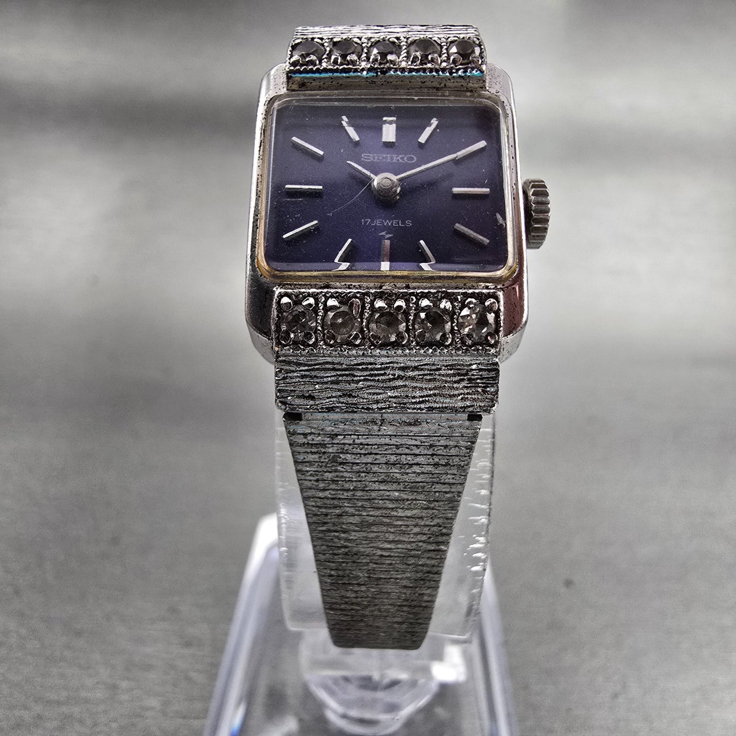 Seiko Watch Women 17mm Blue Dial Silver Tone Gemmed Rectangle 21-3141 Works VTG5