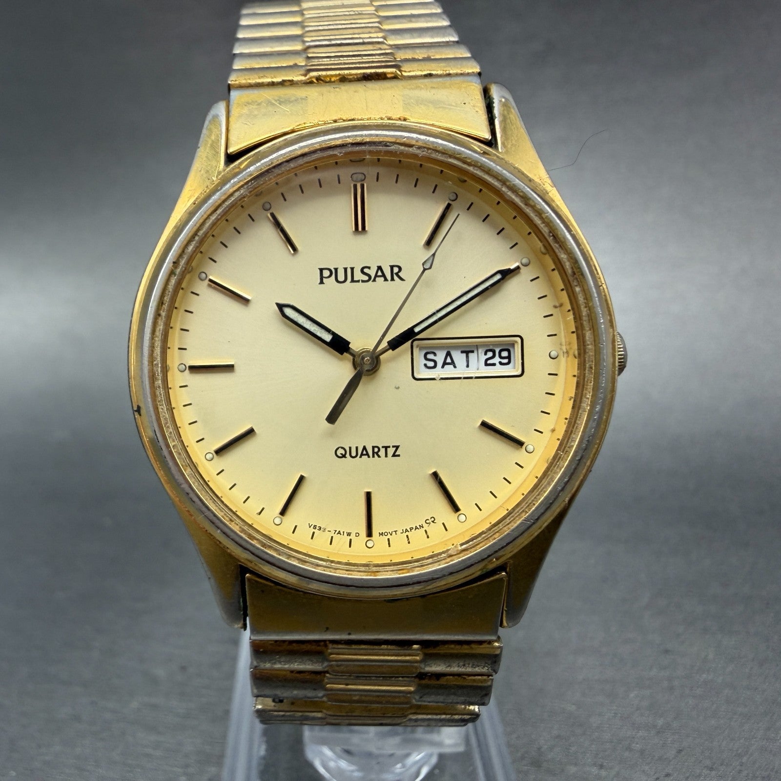 Pulsar Watch Men 34mm Champagne Dial Gold Tone Daydate Round V533-7a30 New Batt0