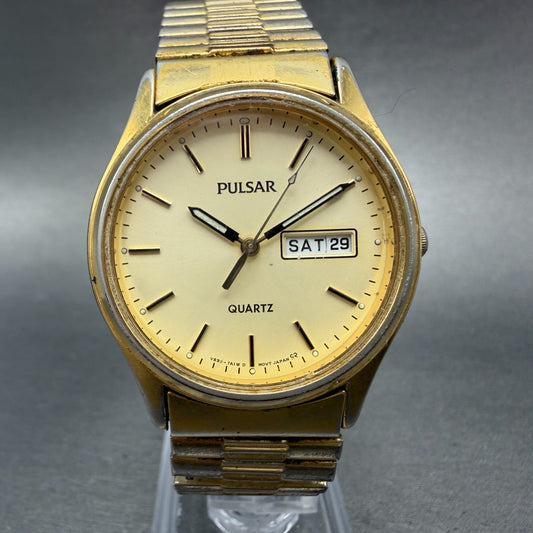 Pulsar Watch Men 34mm Champagne Dial Gold Tone Daydate Round V533-7a30 New Batt0