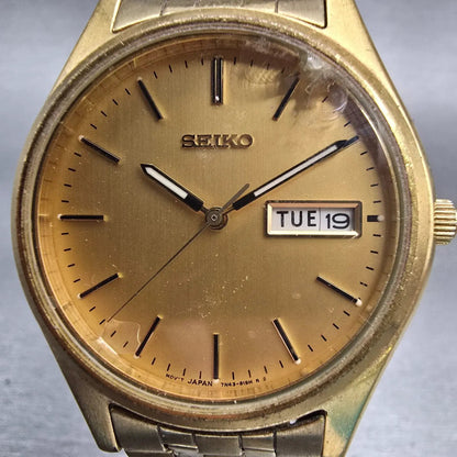 Seiko Watch Men 37mm Gold Dial Gold Tone Daydate Round 7N43-9048 New Battery VTG1