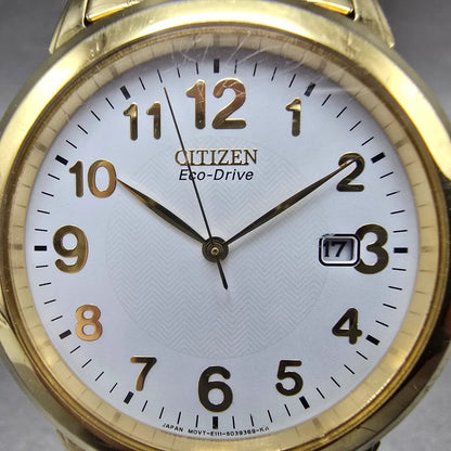 Citizen Eco-Drive Watch Men 38mm White Dial Gold Tone Date E111-S022894 Runs1
