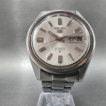 Seiko 5 Automatic Watch Men 37mm Silver Dial Silver Tone 6119-8083 Round Runs5