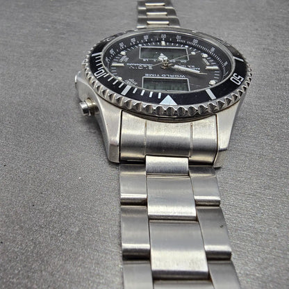 Elgin Dive Watch Men 42mm Black Dial Steel Atomic Solar Analog Digital Runs READ5