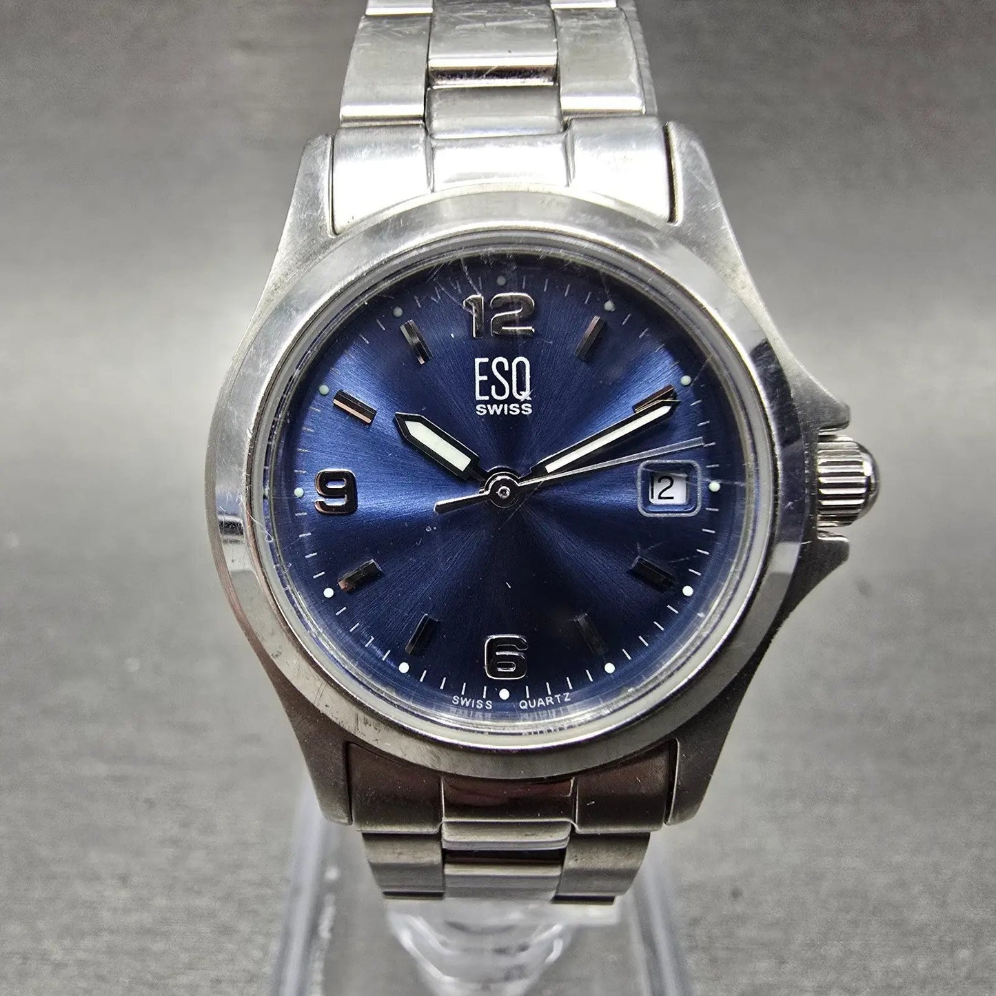 ESQ Watch Women 26mm Blue Dial Silver Tone Date Round E5293 New Battery0