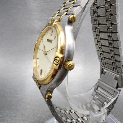 Gucci 9000M Watch Men 32mm Cream Dial Two Tone Date Round Bracelet New Battery2