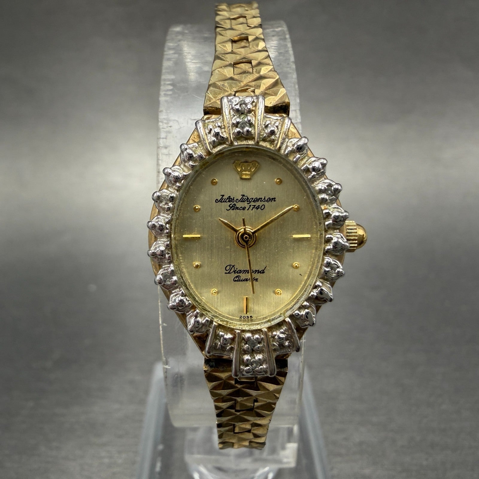 Jules Jurgenson Watch Women 18mm Champagne Dial Gold Tone Gem Stones New Battery0