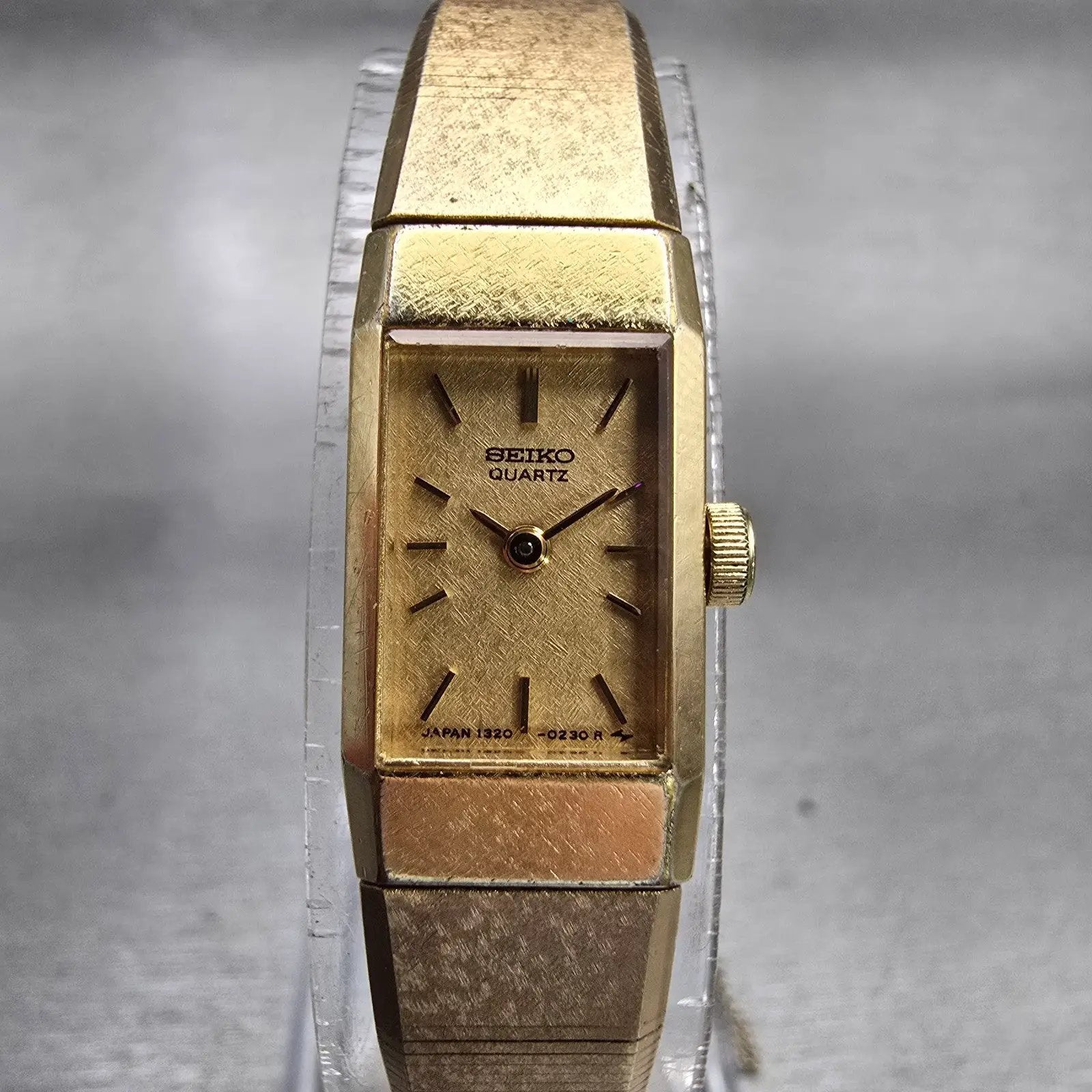 Seiko Watch Women 12mm Gold Dial Gold Tone Rectangle 1320-5040 New Battery VTG0