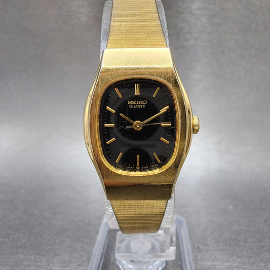 Seiko Watch Women 21mm Black Dial Gold Tone Round 5y955049 New Battery0